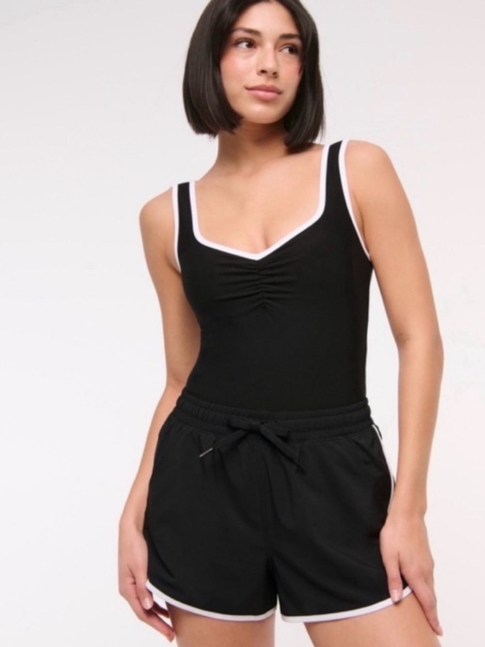 YPB Your Personal Best Active Bodysuit Black White Trim Ruched Sweetheart Small - Picture 2 of 10